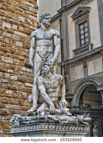 Statue Of Hercules. Hercules Kills The Fire Breathing Monster Cacus. Masterpiece Of Sculptor Baccio 