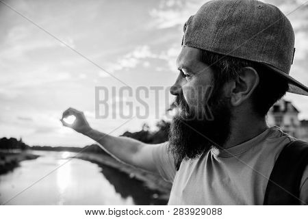 River Sun Reflection. Enjoy Pleasant Moment. Guy In Front Of Blue Sky At Evening Time Admire Landsca
