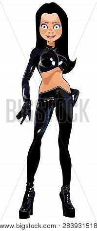 Cartoon Beautiful Brunette Girl In Sexy Black Latex Clothes