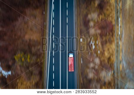 Aerial Drone View On Tir Truck On Asphalt Road