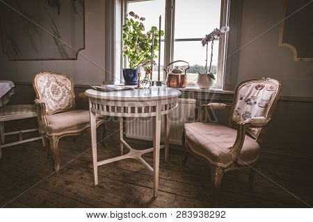 Vaxjo, Seden - October, 2018: Vintage Furniture, Decor Inside Classic Bergkvara Tantens Cafe, Beauti