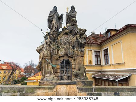 Prague, Czech Republic. Statues Of Saints John Of Matha, Felix Of Valois, And Ivan On The Charles Br