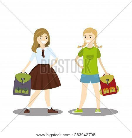 Smiling Schoolgirls With Backpacks, Isolated On White Background,