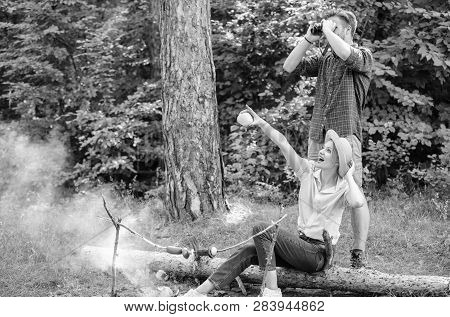 Couple Enjoy Hike In Forest Observing Nature. Couple Ornithologists Expedition In Forest. Woman And 