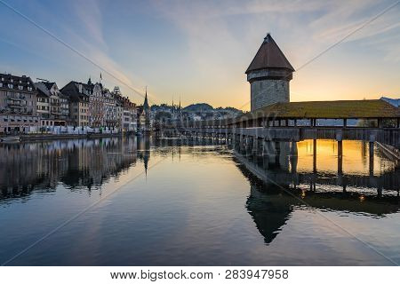 Luzern,switzerland - April 15, 2018: Panoramic View Of City Center Of Lucerne With Famous Chapel Bri