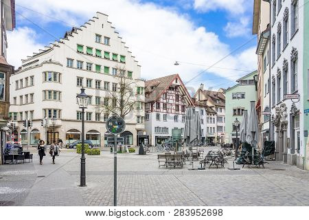 Schaffhausen, Switzerland - April 15, 2018: View Of The Vordergasse Street In The Swiss City Schaffh