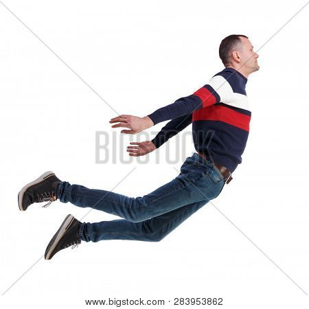 Side view of man in zero gravity or a fall. guy is flying, falling or floating in the air. Side view people collection.  side view of person.  Isolated over white background. Young man in a jump