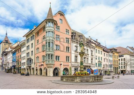 Schaffhausen, Switzerland - April 15, 2018: View Of The Vordergasse Street In The Swiss City Schaffh