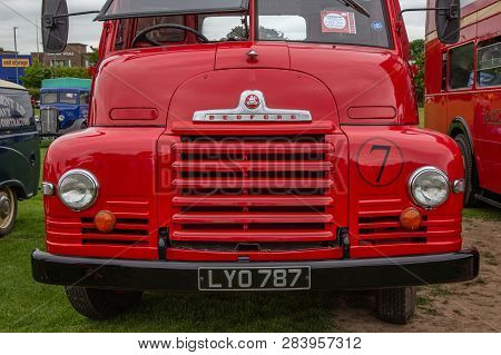 Enfield, Middlesex, England, Uk - May 24, 2015: 1960s Front View Of A Red Bewdford Truck. This Truck