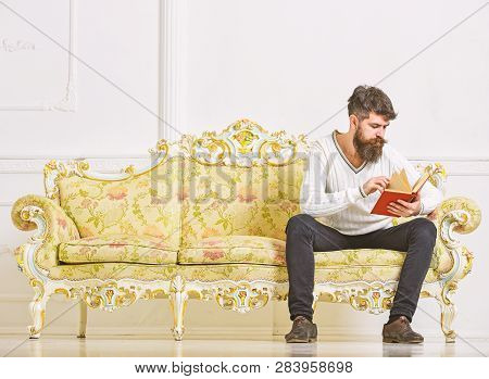 Self Education Concept. Guy Reading Book With Attention. Macho On Concentrated Face Reading Book, St