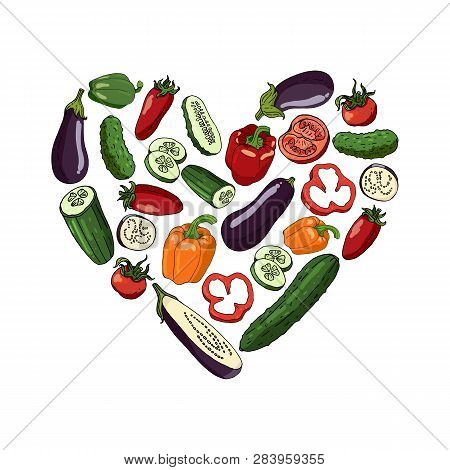 Heart Made Of Tomatoes, Cucumbers, Eggplants And Bell Peppers. Template With Different Fresh Vegetab