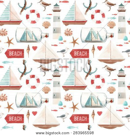 Beautiful Seamless Vector Pattern With Watercolor Marine Elements Boat Ship Yacht Lighthouse Shell S
