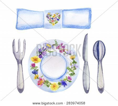 Watercolor Table Setting With Flowers On White