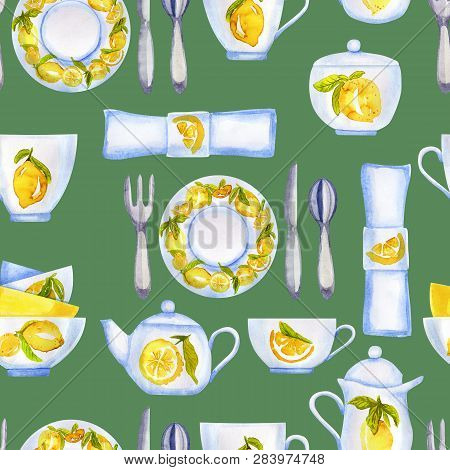 Watercolor Pattern With Decorated Lemon Tea Set On Green