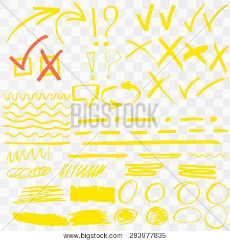 Yellow Highlighter Marker Strokes. Vector Brush Pen Underline Lines. Yellow Watercolor Hand Drawn Hi