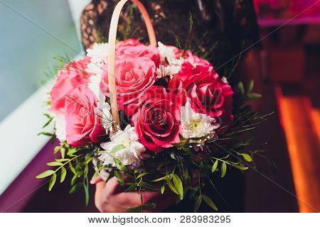 Close Up Of A Beautiful Bouquet Of Roses In Soft Colors. Bockeh Background, Restaurant In Deaf. Shal