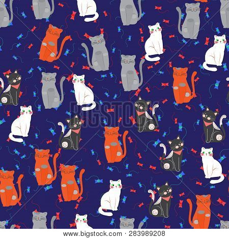Vector Illustration, Cat Seamless Pattern, Various Types Of Cute Cat Cartoon On Dark Background . It
