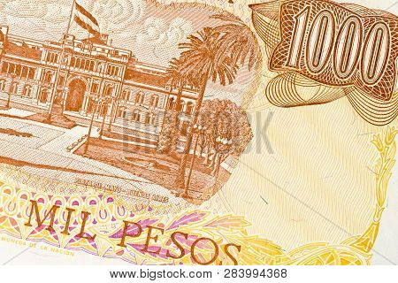 Part Of Old One Thousand Pesos Argentina Banknote Background. High Resolution Vintage Photo Of Back 