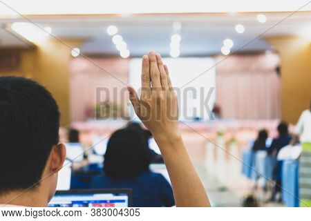 Business Event With Audience In Conference Hall While Speaker Giving Talk In Meetning Hall. Business