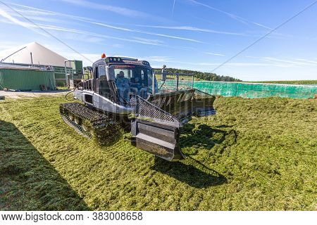 Bavaria / Germany - August 20, 2020: Prinoth Leitwolf Snowcat Prepares The Silage For The Biogas Pla