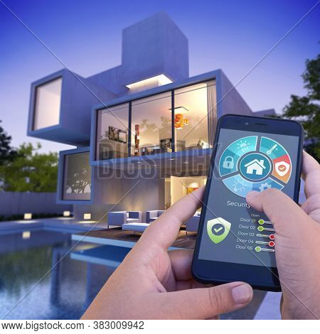 3D rendering of a modern villa with pool controlled by a smartphone from the outside