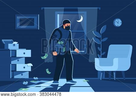 Night Bulgar Intrusion Into Apartment Semi Flat Vector Illustration
