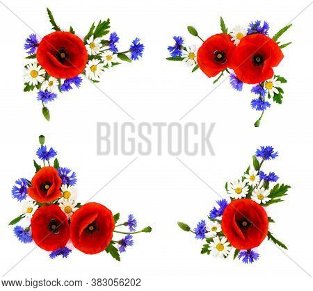 Frame Of Red Poppies, Cornflowers And Chamomile On White Background With Space For Text. Flat Lay, T