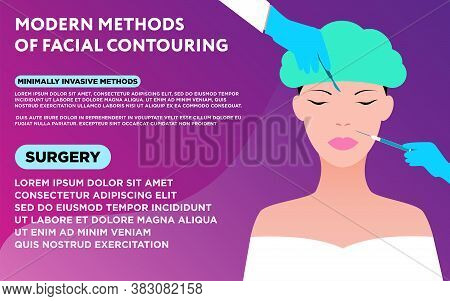 Facial contouring Medicine poster template with sample text Hands in surgical gloves with scalpel and syringe and woman doing facial lifting Vector illustration with bright gradient backdrop