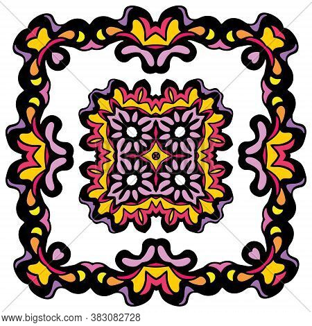 Symmetrical Colourful Decorative Ornament On Isolated On Square White Background. Bright Vector Illu