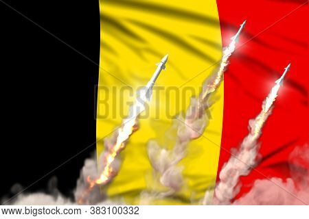 Belgium Ballistic Warhead Launch - Modern Strategic Nuclear Rocket Weapons Concept On Flag Fabric Ba
