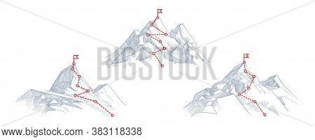 Mountain Paths. Progress, Success Hiking Path Business Metaphor. Journey Climb To Peak Or Route Of M