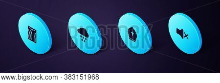 Set Isometric Speaker Mute, Pope Hat, Cloud With Rain And Paper Or Financial Check Icon. Vector