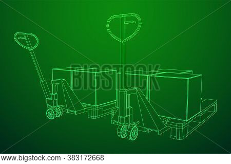 Hand Pallet Jack Lift With Pallet And Stacked Goods Cardboard Boxes. Manual Forklift. Logistics Ship