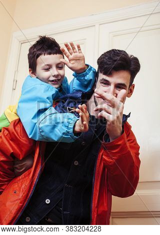 Faher And Son Together Having Fun At Home, Lifestyle Happy Family, People At Home
