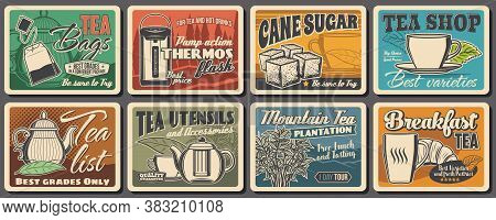 Hot Tea Drink Retro Posters, Vector Tea Bags, Vacuum Flask And Cane Sugar, Porcelain Cup, Mint Leaf 