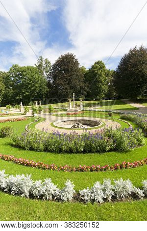 Lancut, Poland - August 26, 2020: View Of The Garden Surrounding 16th Century Baroque Lancut Castle,