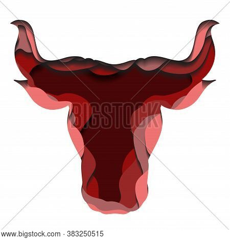 Red Silhouette Of A Bull Head With Paper Cut Layers. The Symbol Of The New Year 2021. Buffalo With H