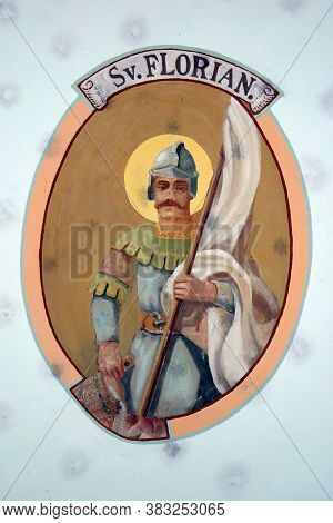 ZAGORSKA SELA, CROATIA - SEPTEMBER 18, 2012: Saint Florian, fresco in the parish church of St. Catherine of Alexandria in Zagorska Sela, Croatia