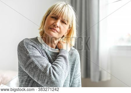 Sick Senior Adult Elderly Women Touching The Neck Have Shoulder And Neck Pain.healthcare And Medicin
