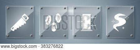 Set Magic Fog Or Smoke, Trunk For Magic Tricks, Magic Runes And Hand Saw. Square Glass Panels. Vecto