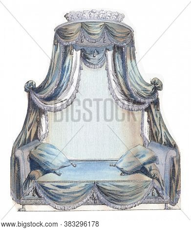Cabinet des Modes or New Modes, 15 Jul 1786, pl. II, A.B. Duhamel, after Pugin, 1786 four-poster bed, vintage engraving.