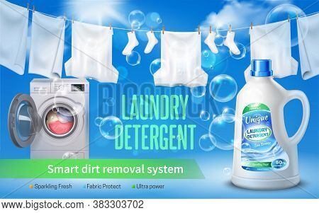 Laundry Detergent Realistic Horizontal Banner With Laundry Detergent Headline Bottle Of Washing Liqu