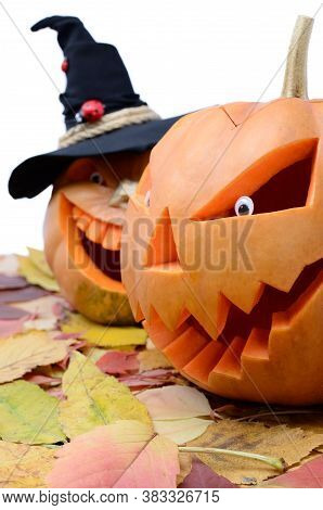 Pumpkin For Halloween Isolated On White Background. Jack Lantern Head Carved From Pumpkin For Hallow