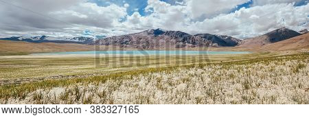 Stunning Kyagar Tso Lake Panorame With Spangnak Ri Mountain In The Leh District Of Ladakh, North Ind