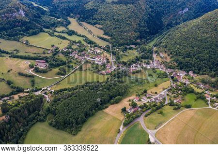 Nans-Sous-Sainte-Anne, France, August 3, 2020 - aerial vue of village in Doubs of Nans-Sous-Sainte-Anne. Close to Lison source 
