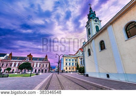 Oradea, Romania - Tram Line In Union Square Cityscape In Romania