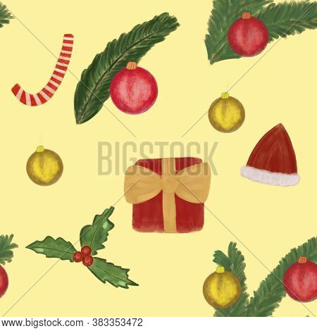 Christmas And New Year Seamless Pattern On Yellow Background. Watercolor Christmas Decorations, Mist