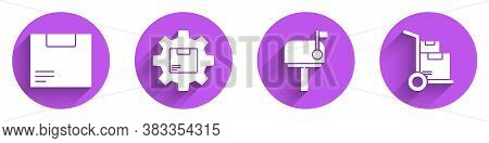 Set Carton Cardboard Box, Gear Wheel With Package Box, Mail Box And Hand Truck And Boxes Icon With L