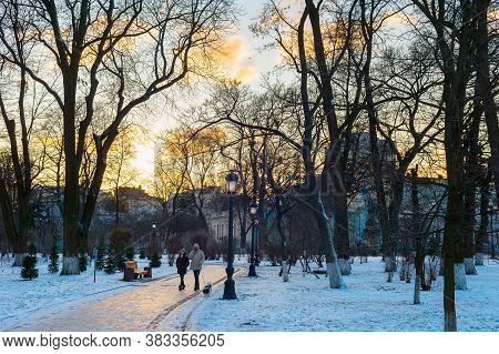 Kiev, Ukraine - January 06, 2020: Couple With A Dog Walking By Winter Mariinsky Park In Kiev.