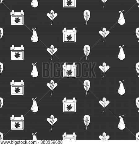 Set Leaf Or Leaves, Pear, Calendar With Autumn Leaves And Leaf Or Leaves On Seamless Pattern. Vector